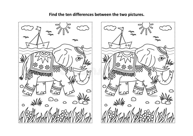 Find the differences visual puzzle and coloring page with elephant stock vector