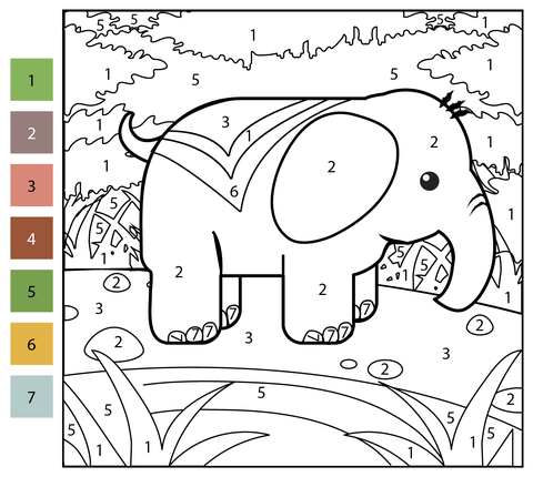 Elephant color by number free printable coloring pages