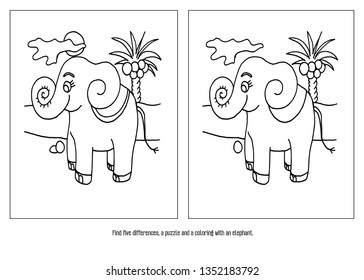 Find five differences puzzle coloring elephant stock vector royalty free