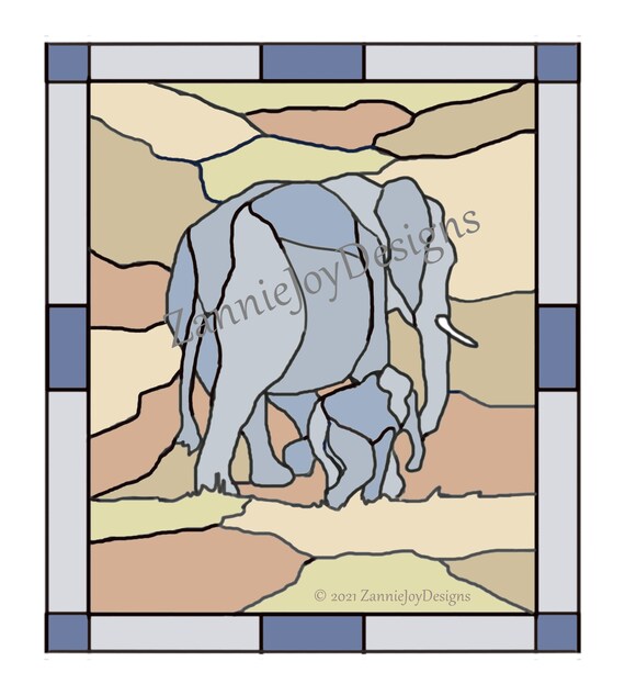 Stained glass elephant pattern baby elephant mothers day coloring page instant download original line drawing