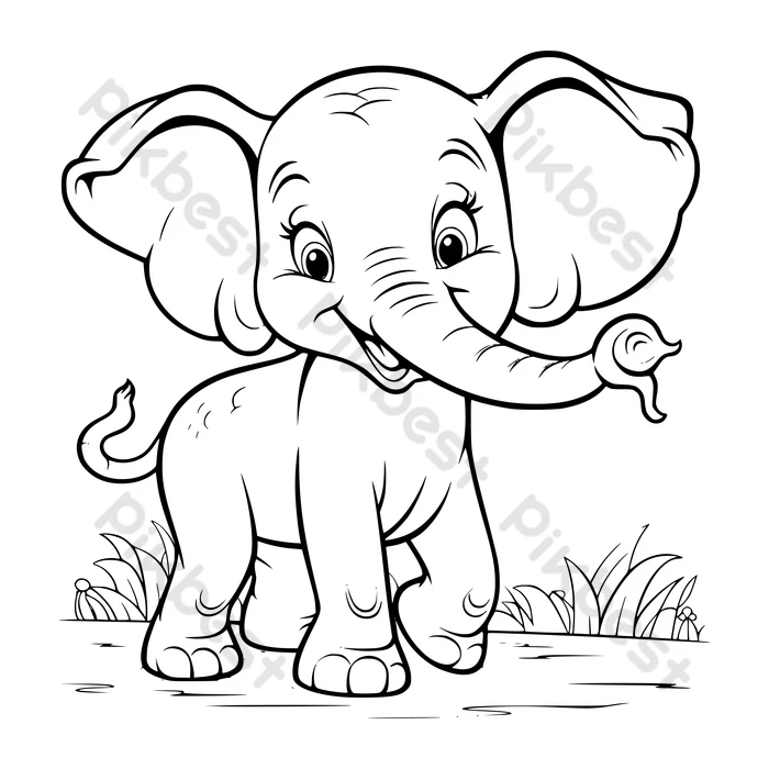 Baby elephant coloring page drawing for kids illustration ai free download