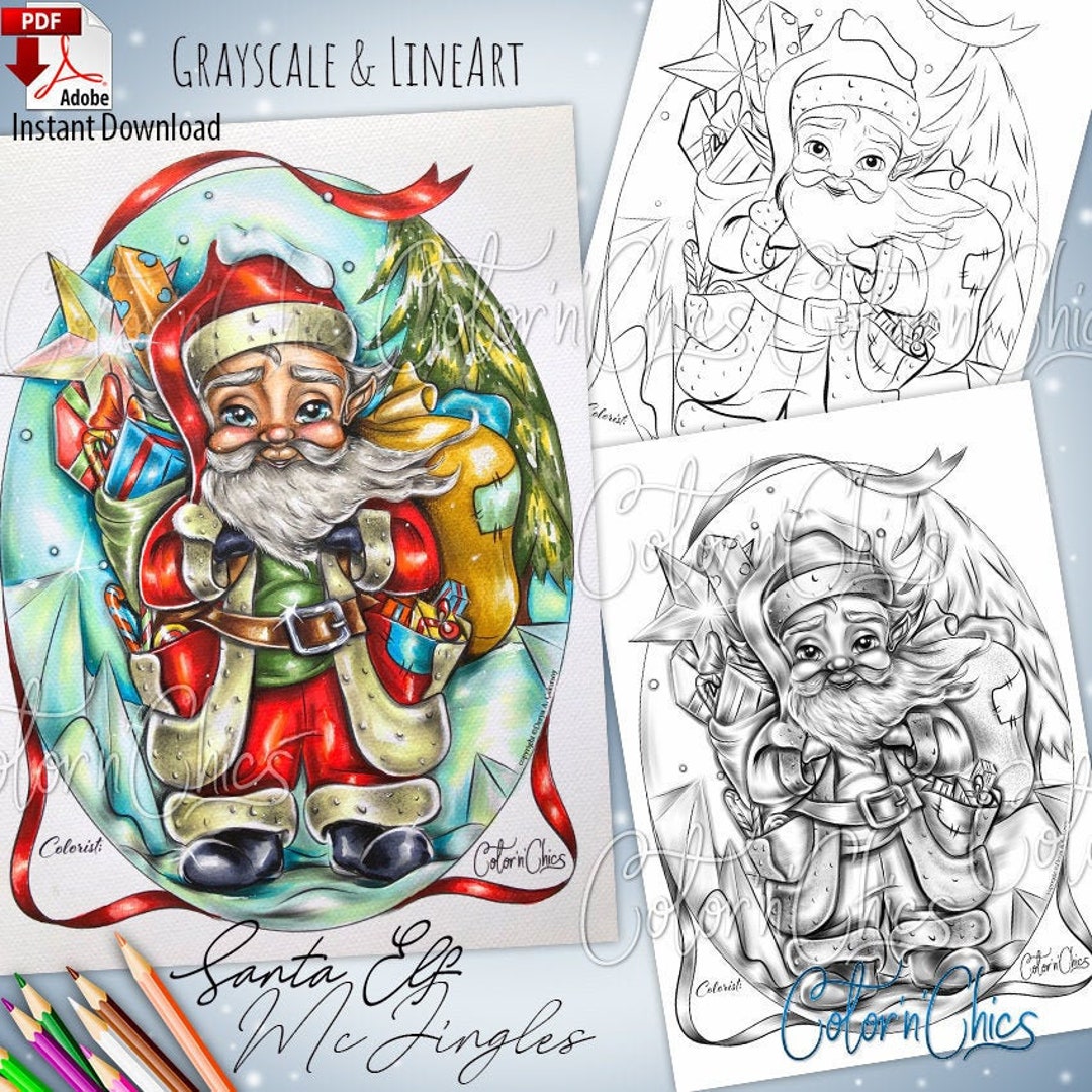 Santa elf mcjingles grayscale lineart illustration premium coloring page for adults darklightmediumlineart printable instant download