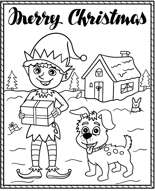 Merry christmas coloring page elf dog