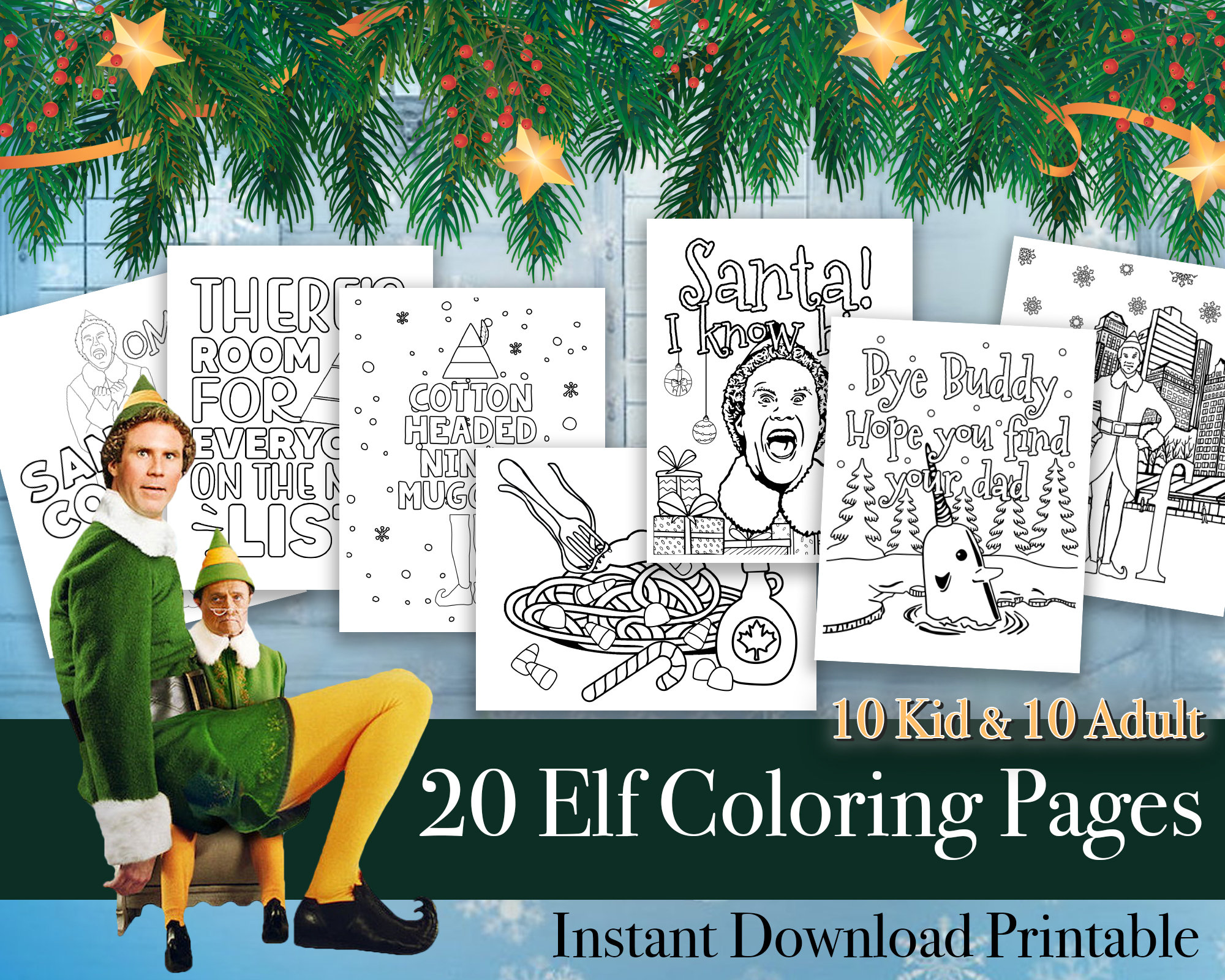 Elf christmas coloring pages printable elf coloring page bundle buddy the elf quotes printable christmas coloring pages for kids adults