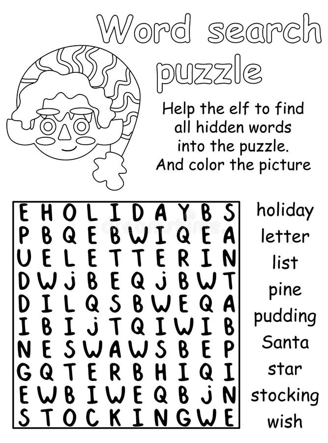 Word search puzzle with little cartoon elf black and white activity page for kids vector illustration funny educational stock vector