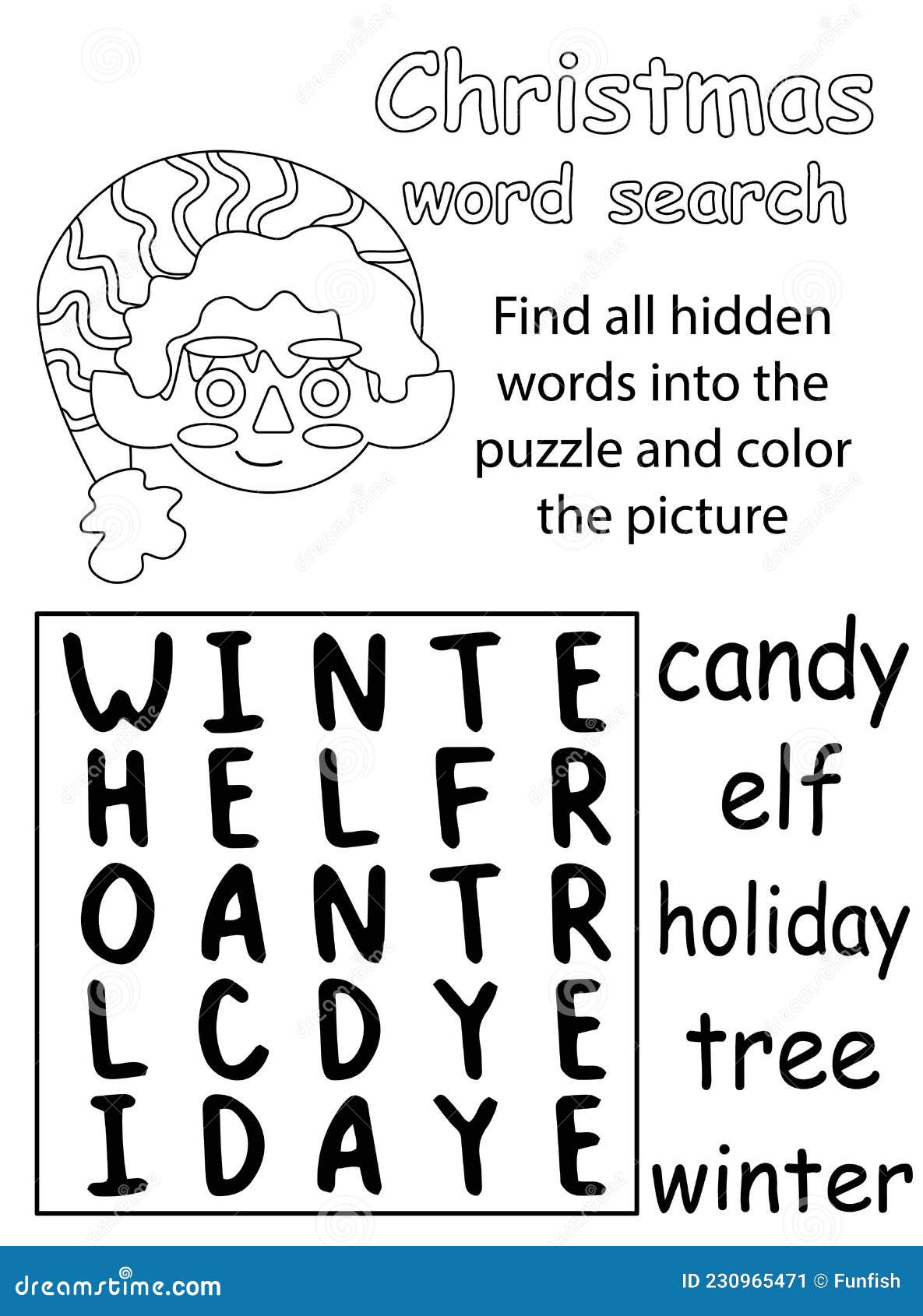 Christmas word search puzzle with cute little elf vector illustration funny word game in english and coloring page for stock vector