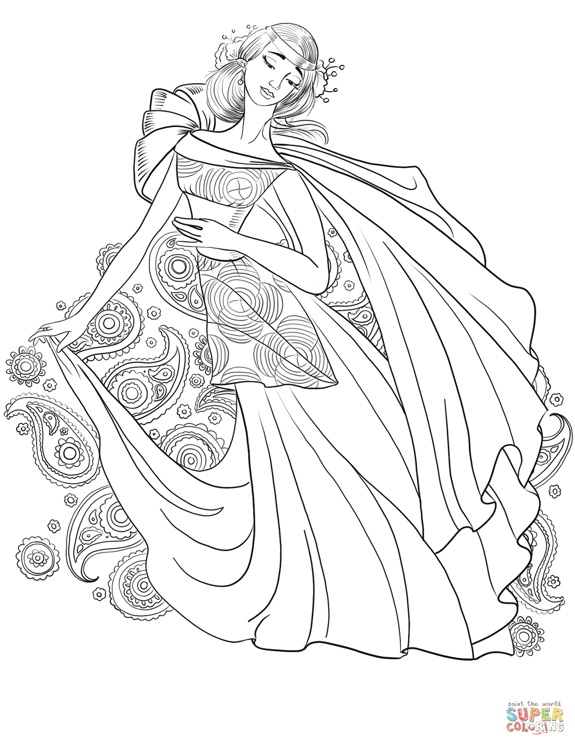 Lady from s with paisley motif coloring page free printable coloring pages