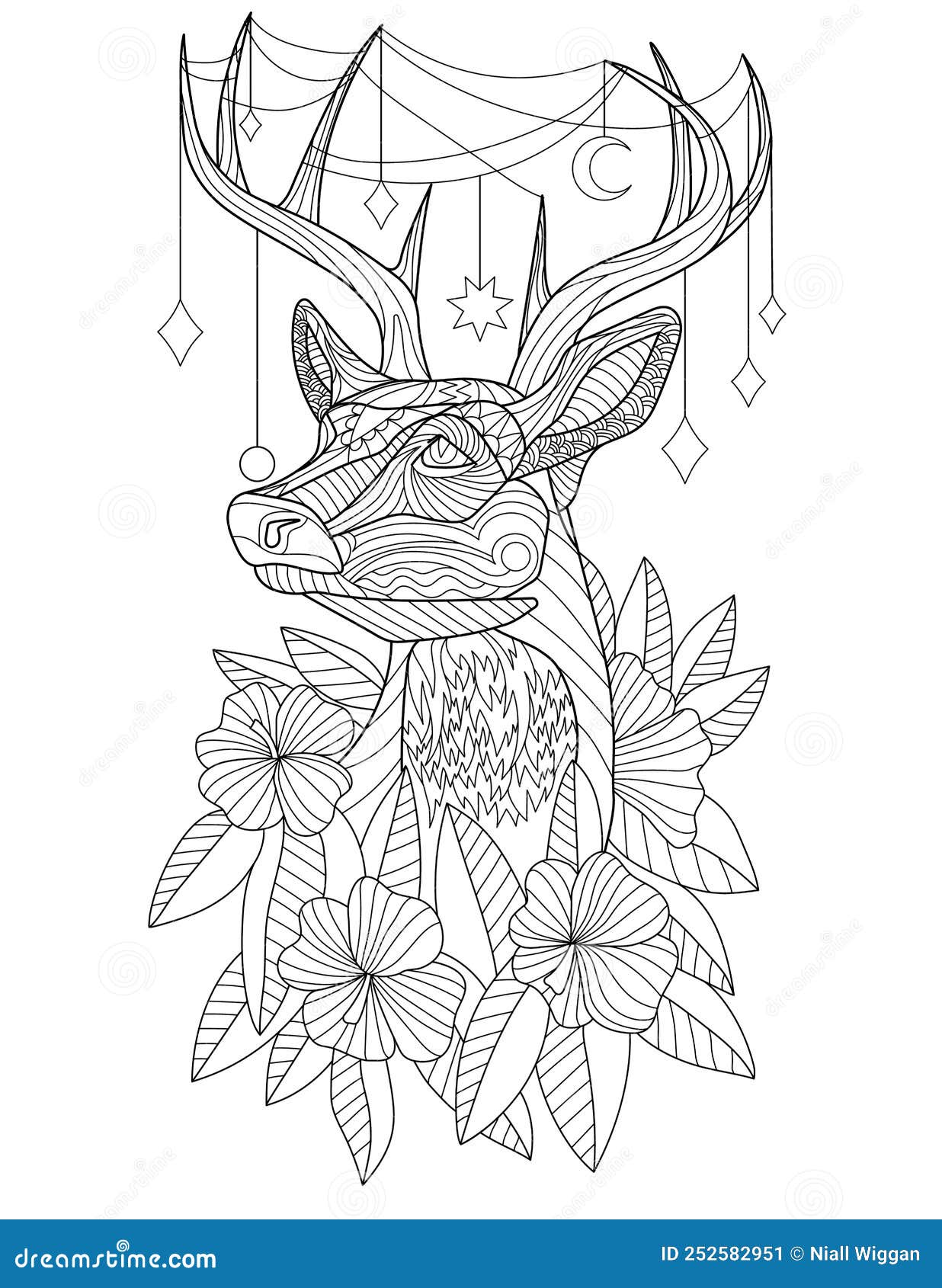 Coloring page with detailed deer with different decorations on horns and flowers around sheet to be colored with elk stock vector