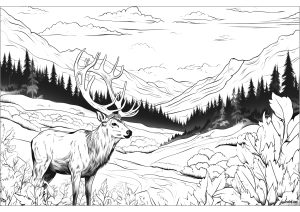 Elk in the forest with mountains