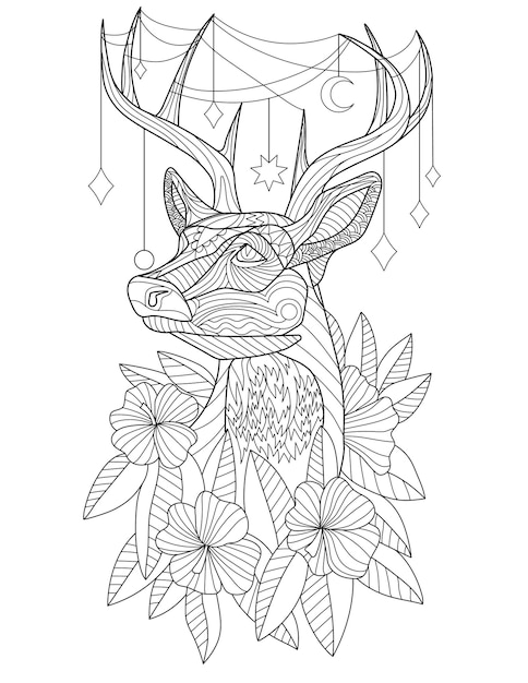 Premium vector coloring page with detailed deer with different decorations on horns and flowers around sheet to be colored with elk with decors hanging on antlers and plants around