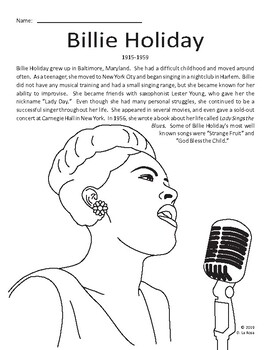 Billie holiday biography coloring page and word search tpt