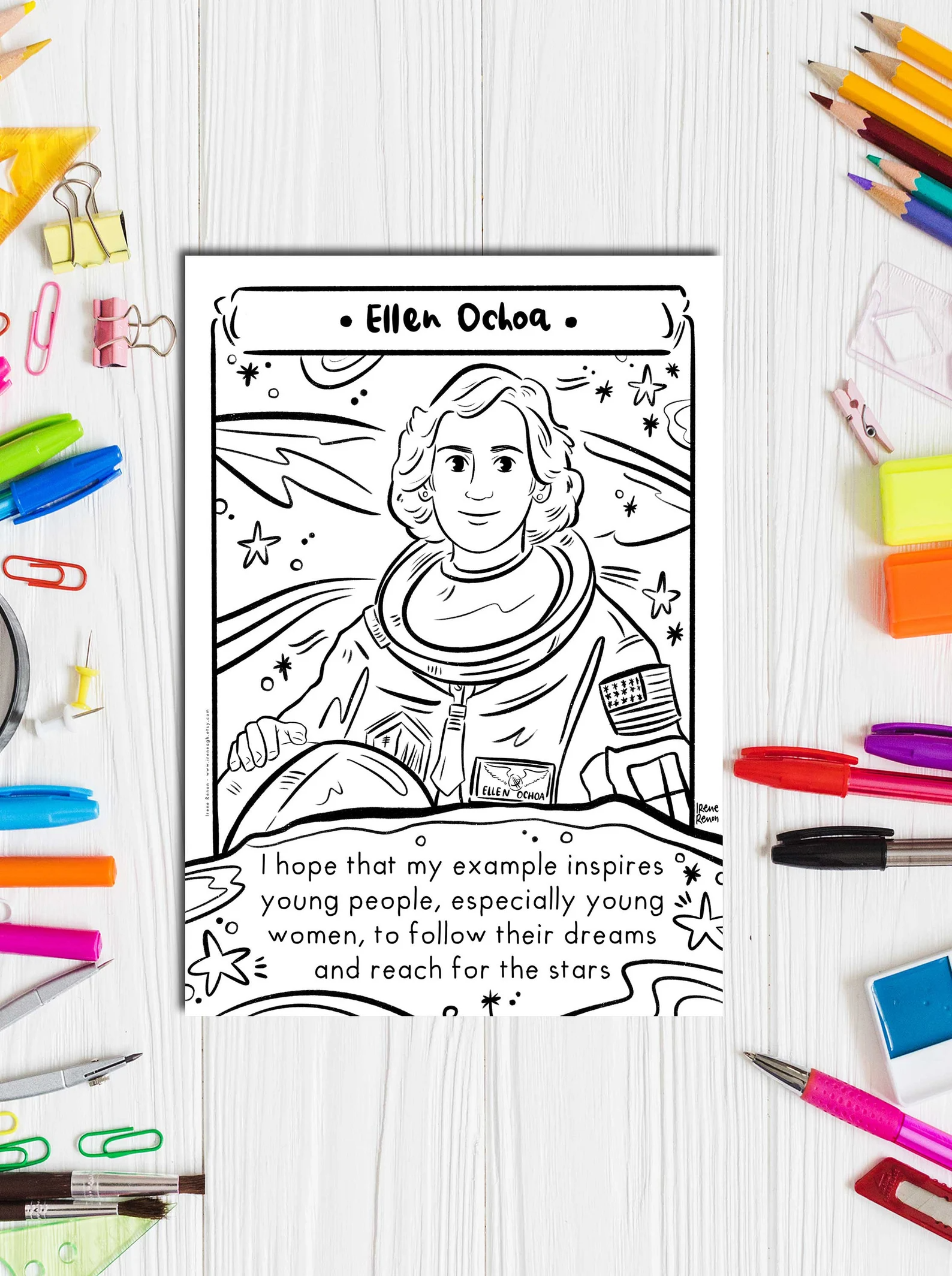 Hispanic heritage month coloring page ellen ochoa educational activity printable coloring sheet science bulletin board stem women in science