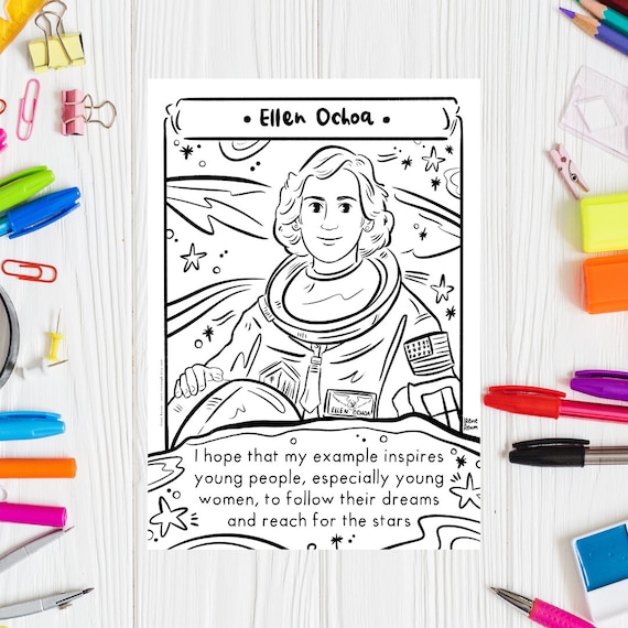 Hispanic heritage month coloring page ellen ochoa educational activity printable coloring sheet science bulletin board stem women in science