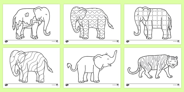 Colouring sheets to support teaching on elmer teacher made