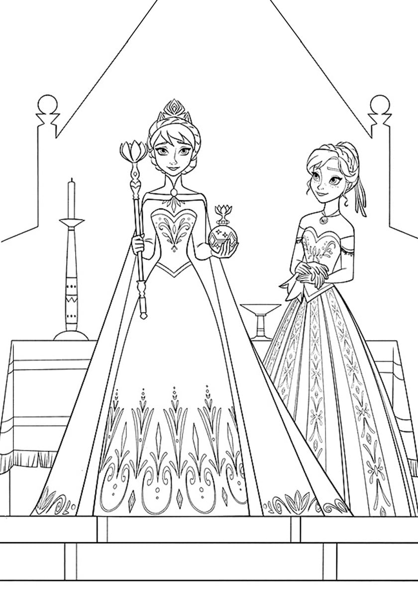 Anna and elsa at the coronation coloring page