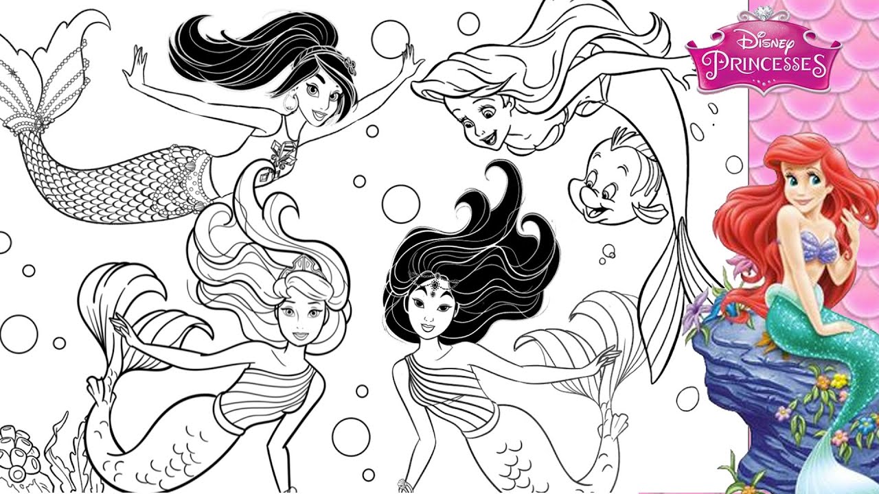 Disney princesses together magic mermaids coloring page ariel jasmine aurora mulan magical mermaids