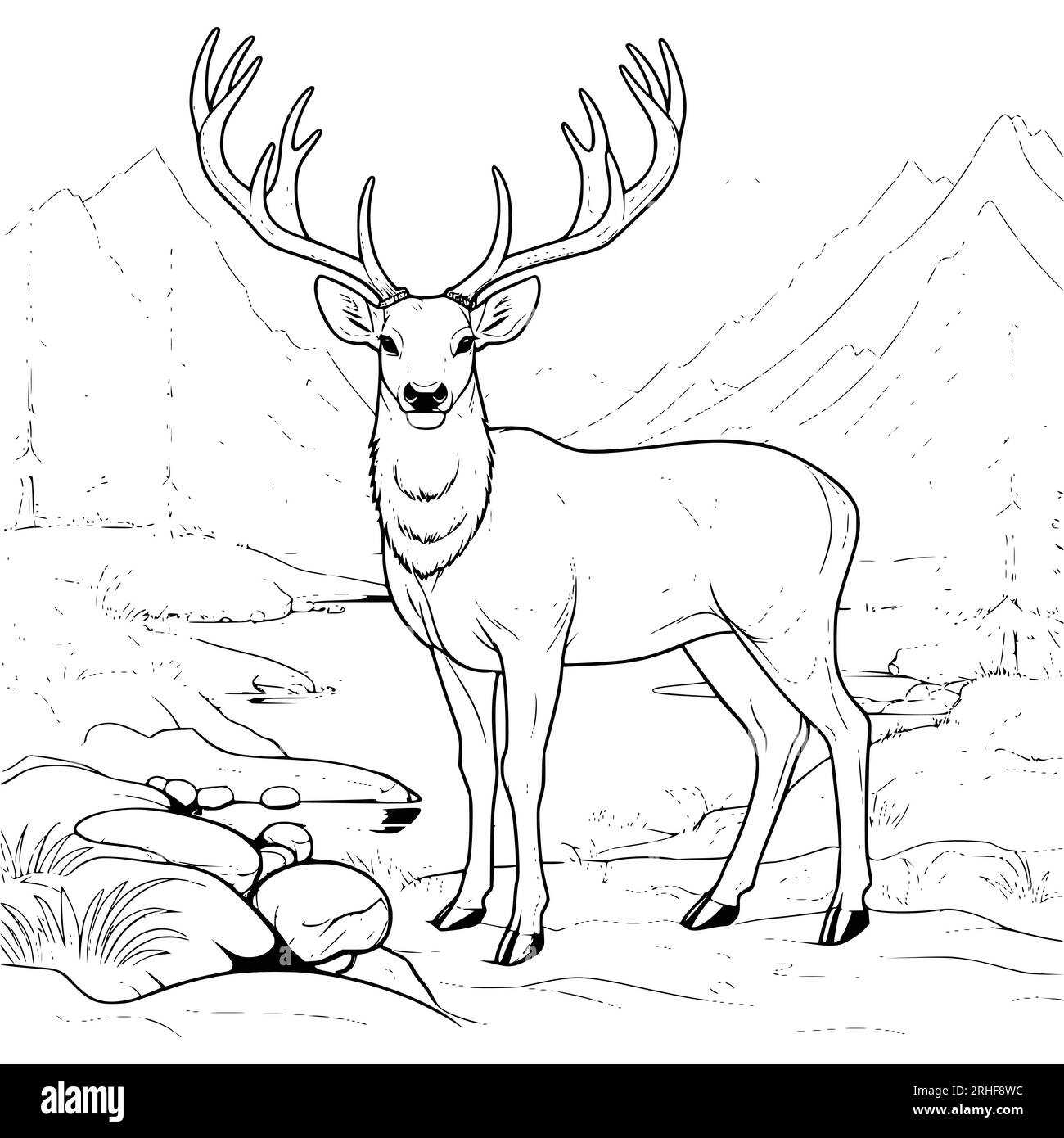 Big deer on the river bank coloring page drawing for kids stock vector image art