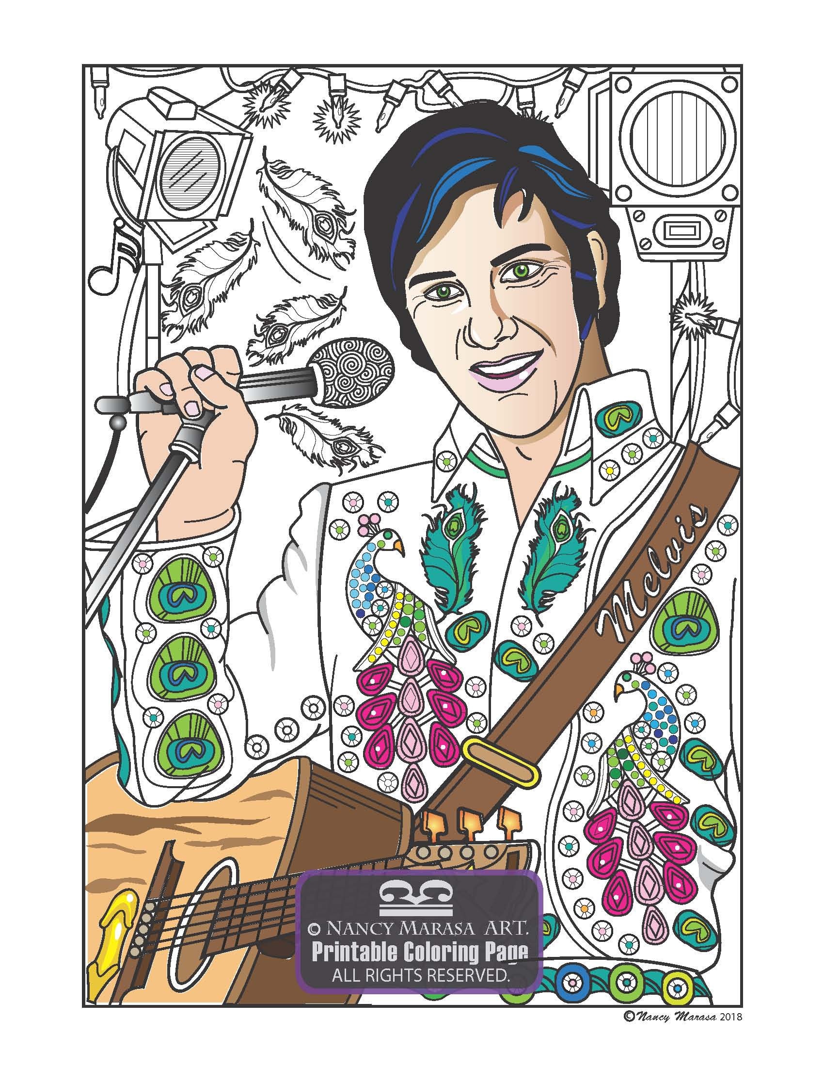 Melvis goes hollywood peacock jumpsuit coloring page elvis legend inspired printable pages adults and teens celebrity rock roll