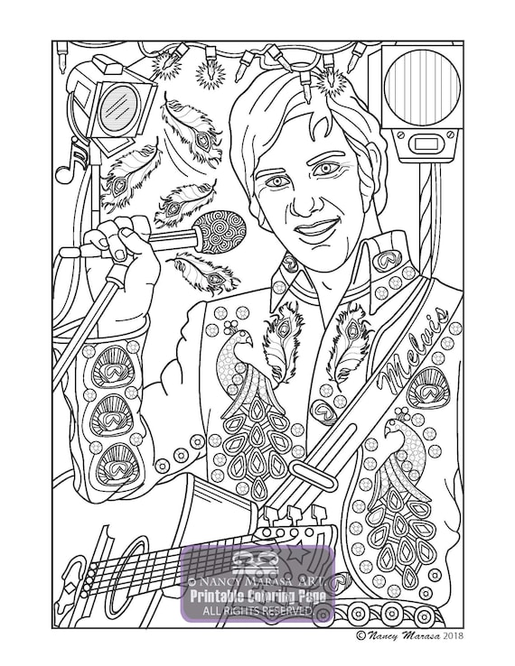 Melvis goes hollywood peacock jumpsuit coloring page elvis legend inspired printable pages adults and teens celebrity rock roll