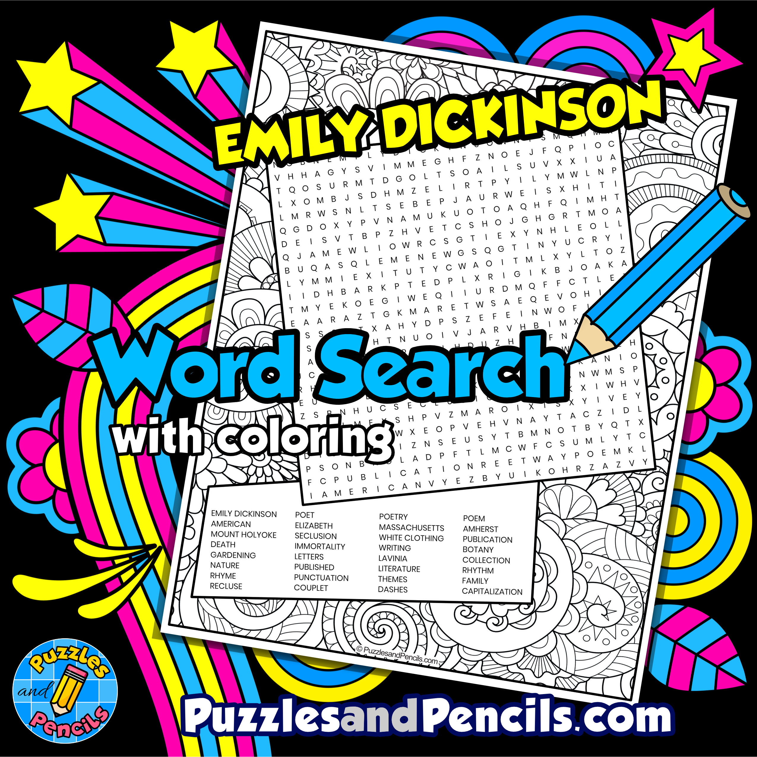 Emily dickinson word search puzzle activity page with coloring womens history month wordsearch made by teachers