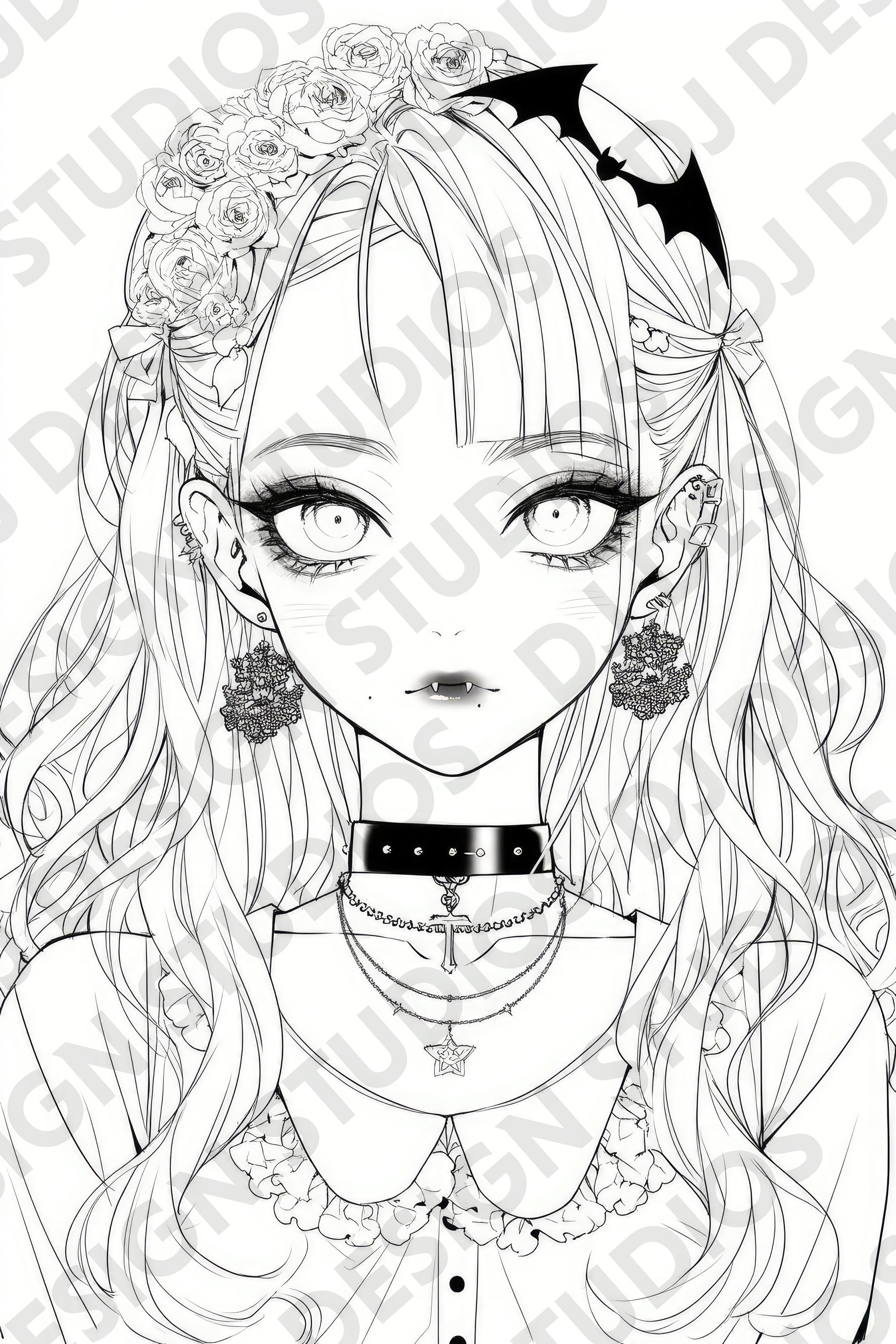 Anime goth girls coloring book anime coloring pages for adults instant download grayscale coloring page gift printable art pdf