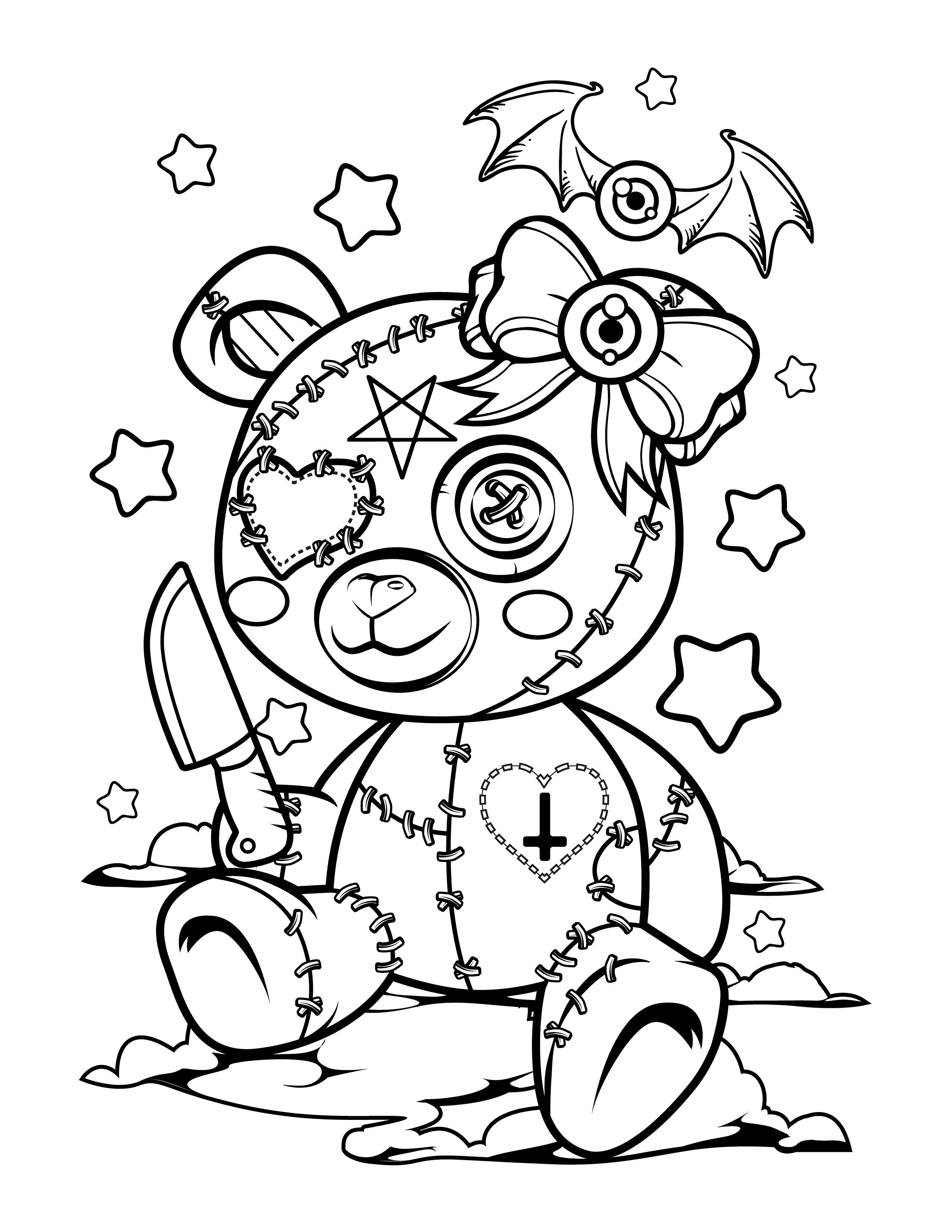 Pastel goth coloring page creepy teddy bear digital download scary kawaii bear downloadable pdf