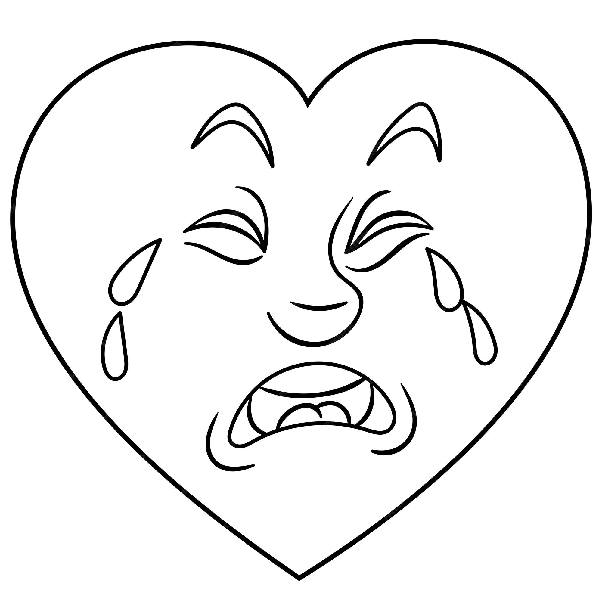 Premium vector cute cartoon heart with sad crying emoji face kids coloring page