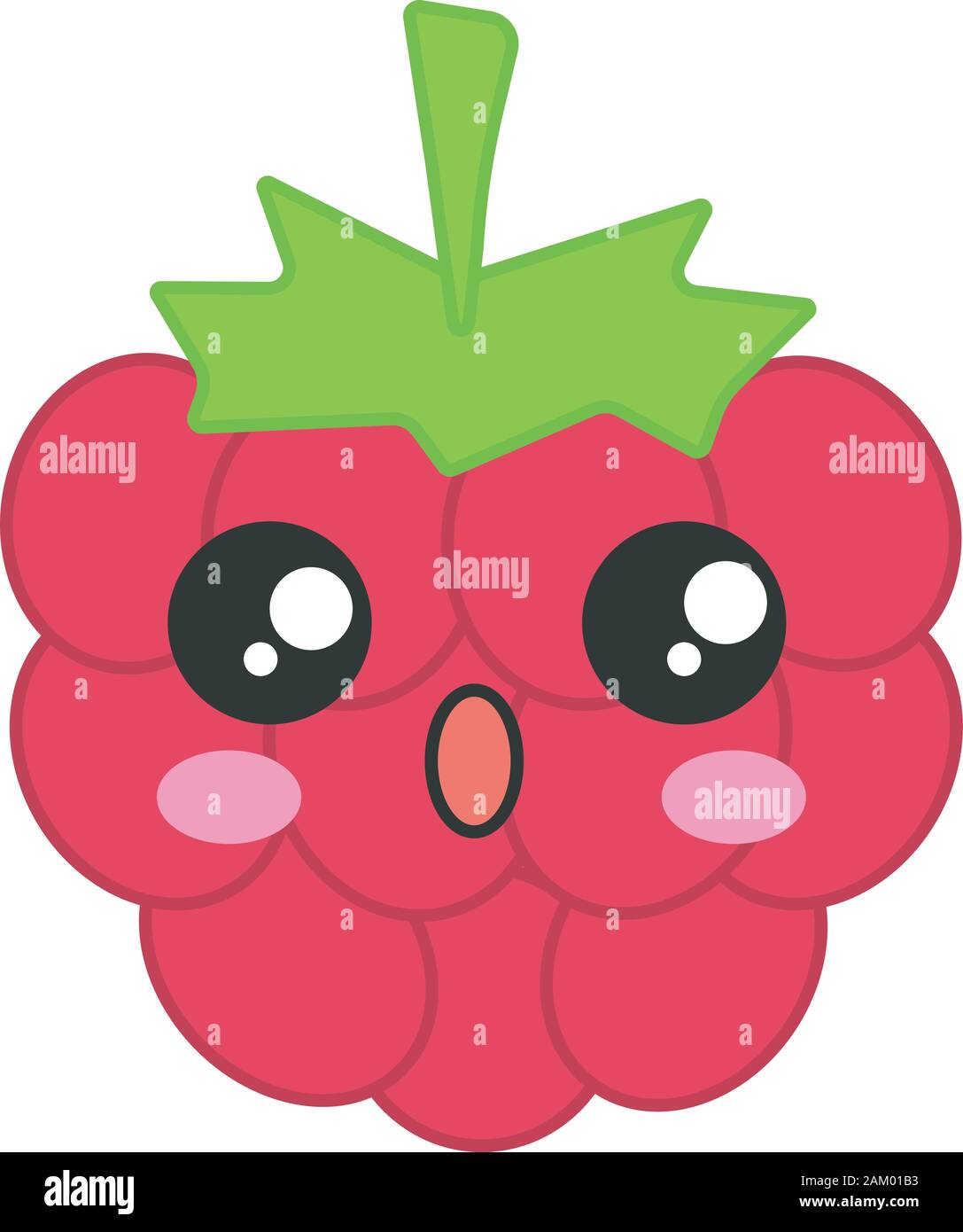 Raspberry cute kawaii carãcter vectorial berry asombrado con la boca abierta angustiados los alimentos gracioso emoji emoticon sorprendido aislado mal color de dibujos animados imagen vector de stock