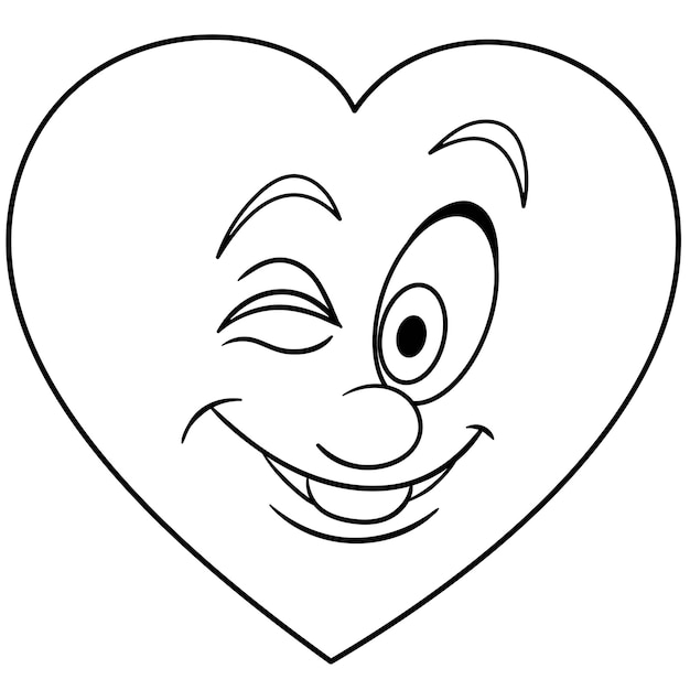 Premium vector cute cartoon heart with happy winking emoji face kids coloring page