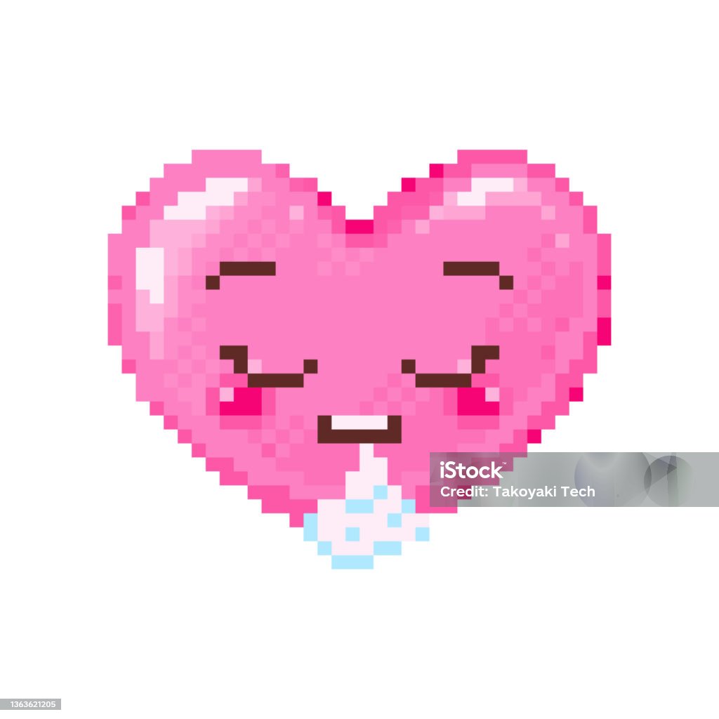 Pixel art exhaling heart emoji vintage bit pixel pink emoticon of relief exhaustion smoke or sigh face smile stock illustration