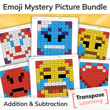 Double digit addition and subtraction mystery emoji color by number bundle