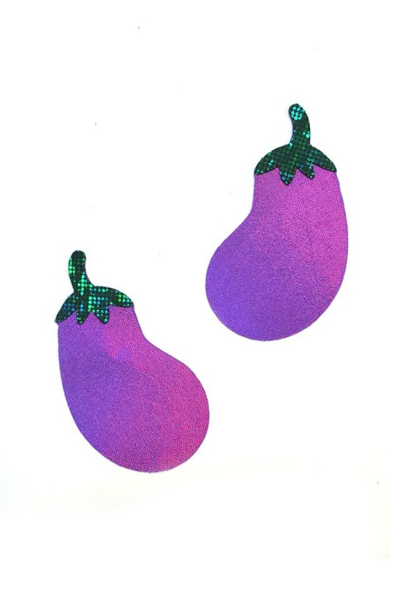 Eggplant pasties in grape holographic with green kaleidoscope stem body stickers boob covers phallic veggie emoji vegetable burlesque