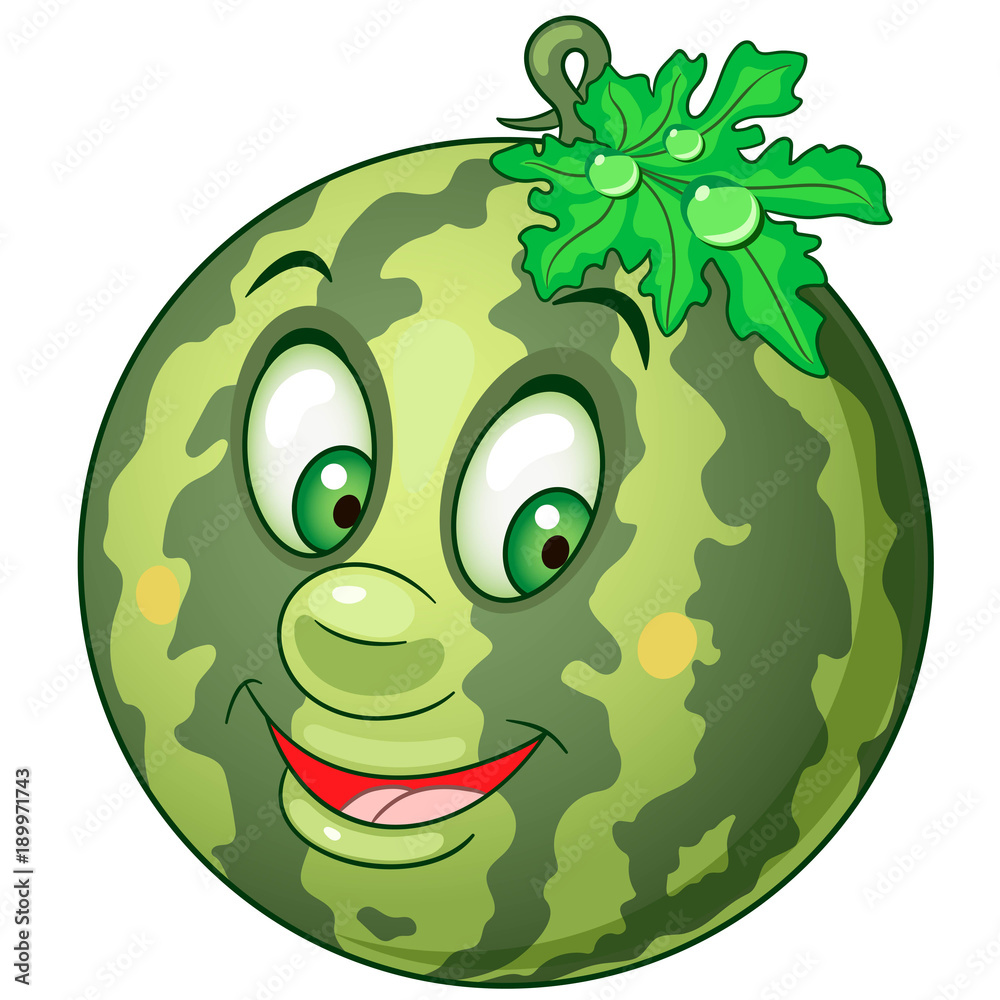 Cartoon watermelon happy fruit emoticon smiley emoji eco food symbol design element for kids coloring book page t