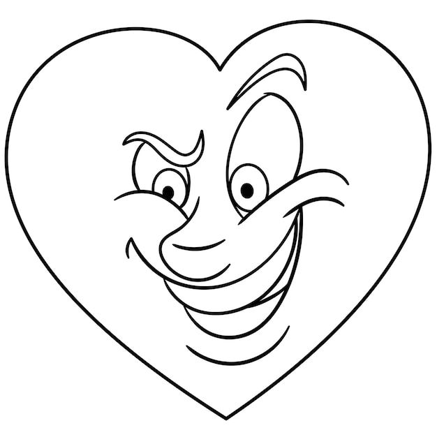 Premium vector cute cartoon heart with funny evil emoji face kids coloring page