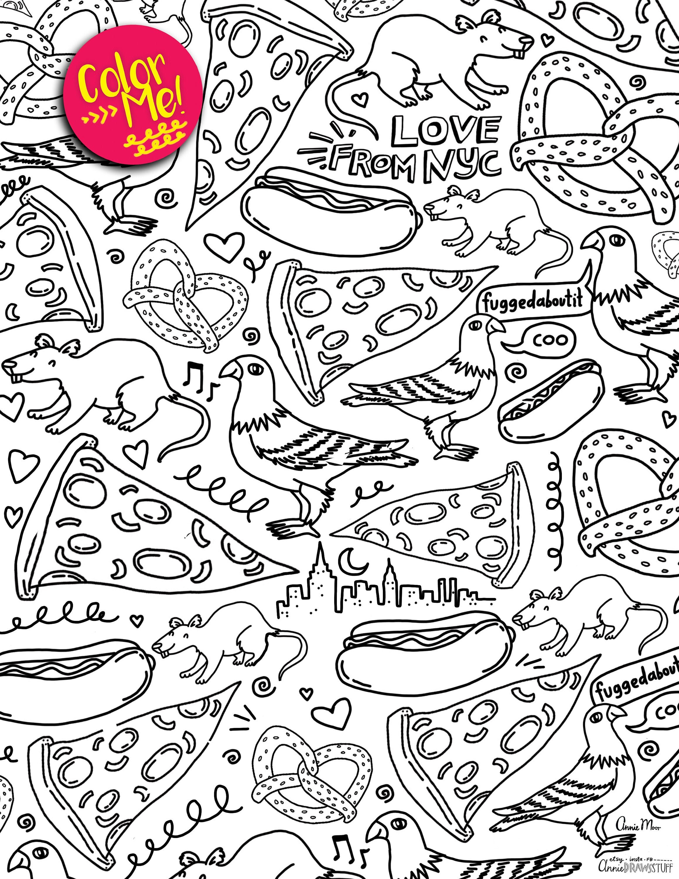 Instant download new york city pattern coloring page coloring pages kids adult coloring nyc pigeon