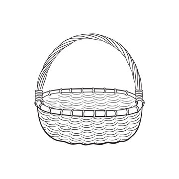 Hand drawn picnic basket isolated on white background sketch illustration of empty bamboo basket vector