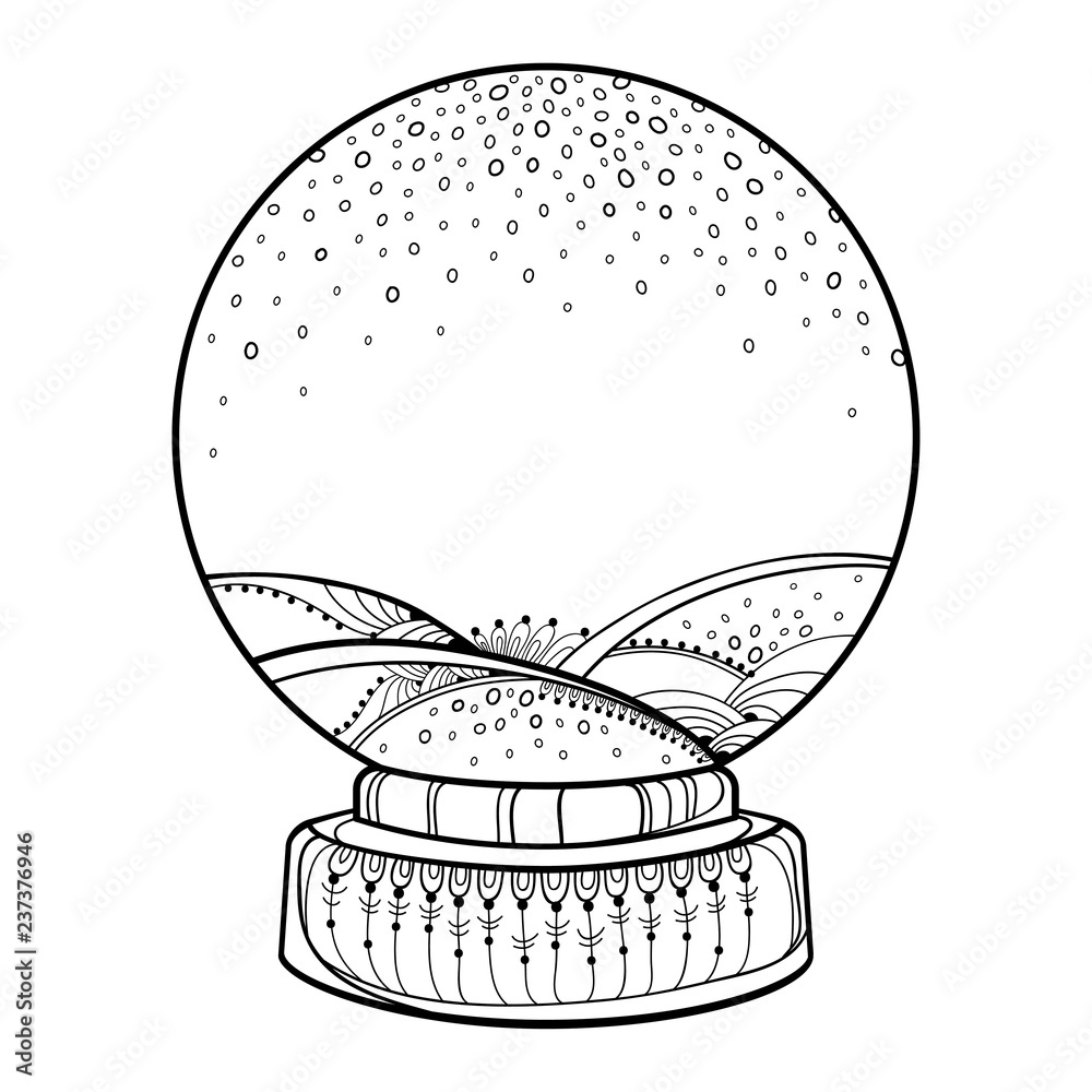 Vector outline empty snow globe or snowball with falling snowflakes in black isolated on white background contour decoration for new year holiday design and christmas coloring book vector