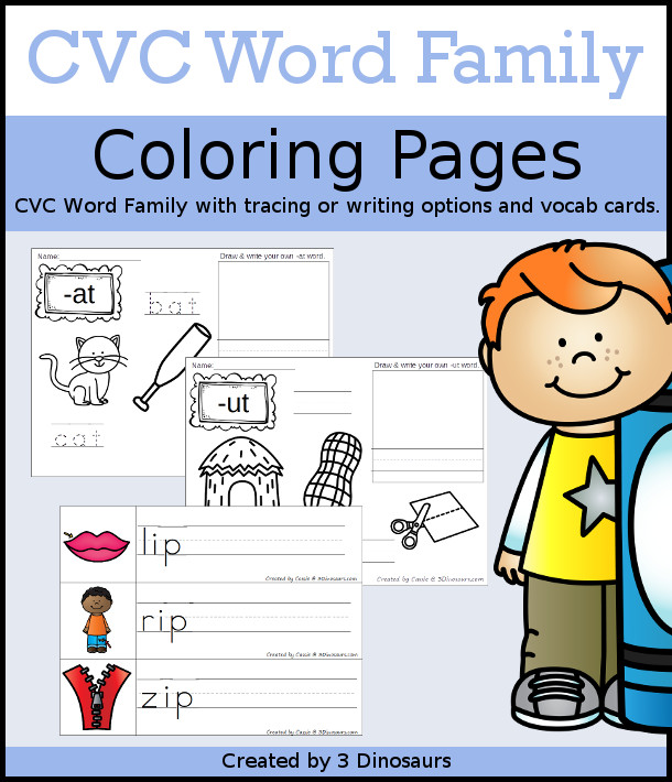 Free cvc word family coloring pages short i vowel dinosaurs