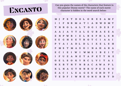 Encanto movie inspired movie wordsearch activity sheet with answers teaching resources