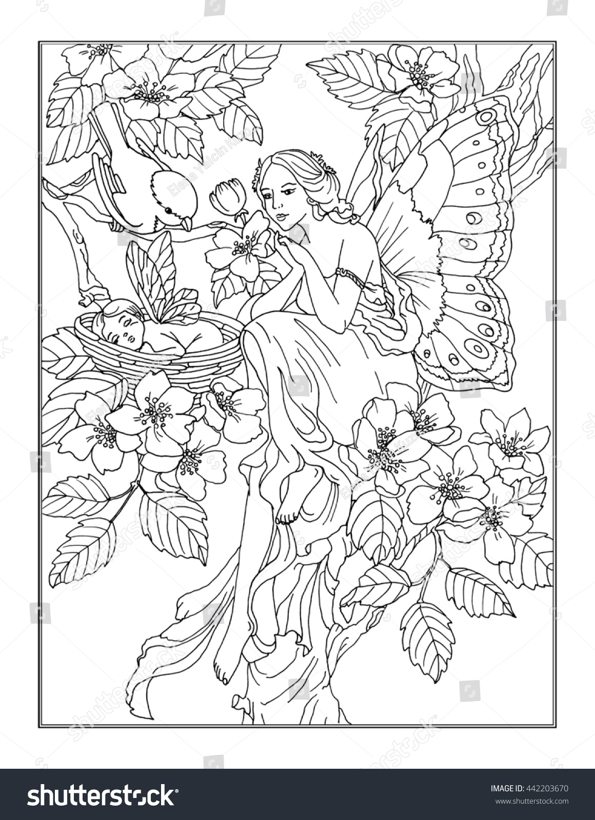 Coloring page enchanted fairy stock illustration