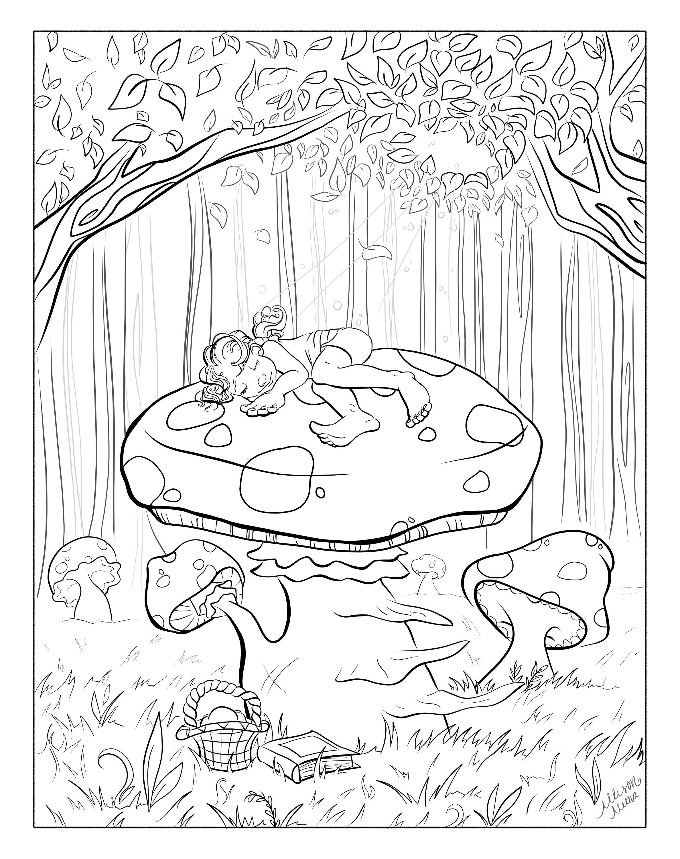 Enchanted forest mushroom coloring page full scene coloring page coloring page illustration instant download