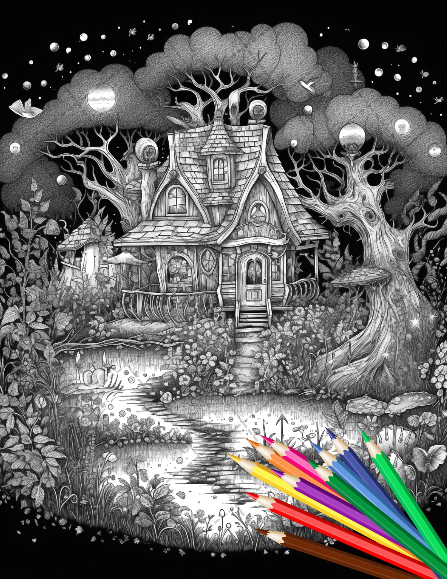 Fantasy fairy houses coloring page book printable adult coloring p â coloring