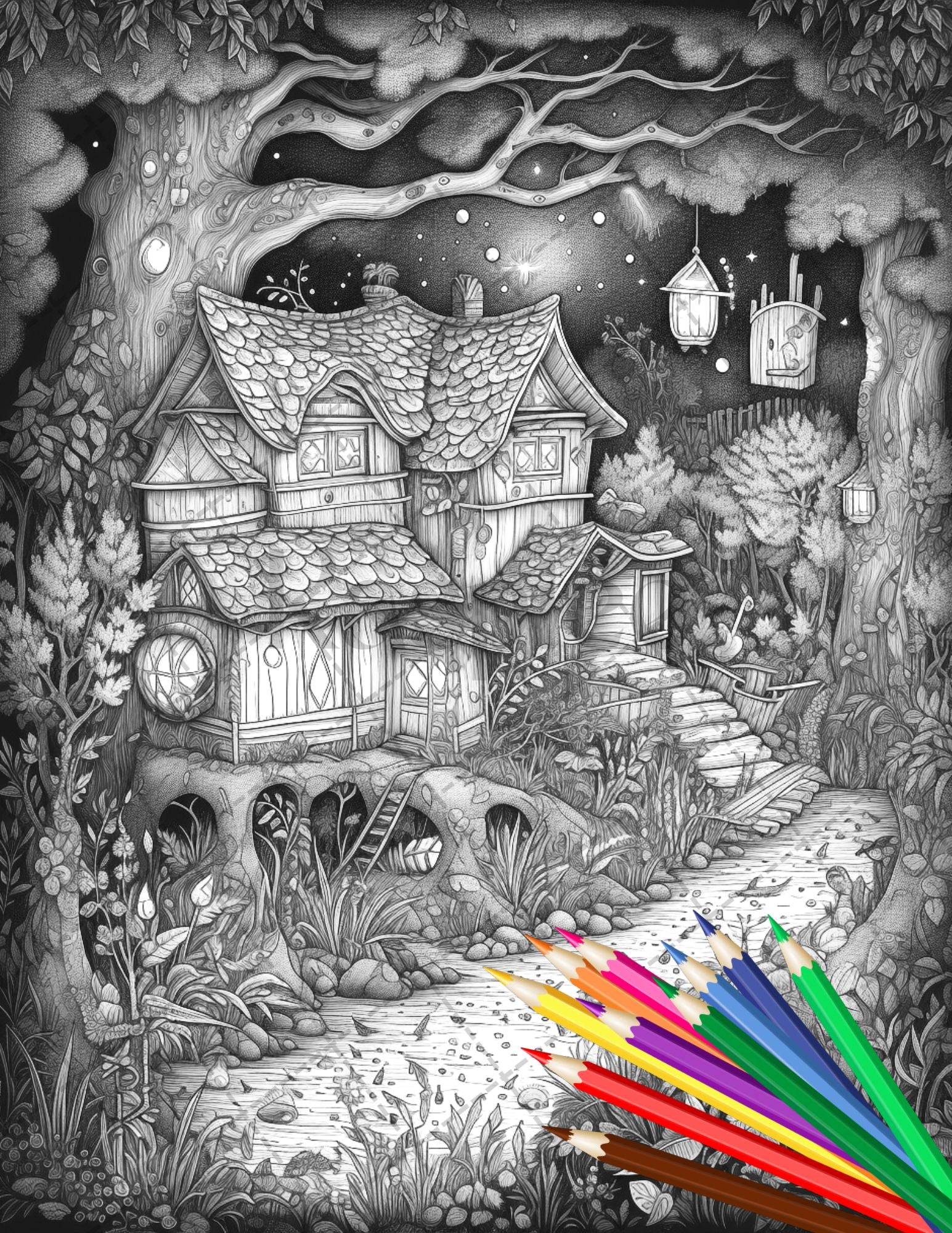 Fantasy fairy houses coloring page book printable adult coloring p â coloring