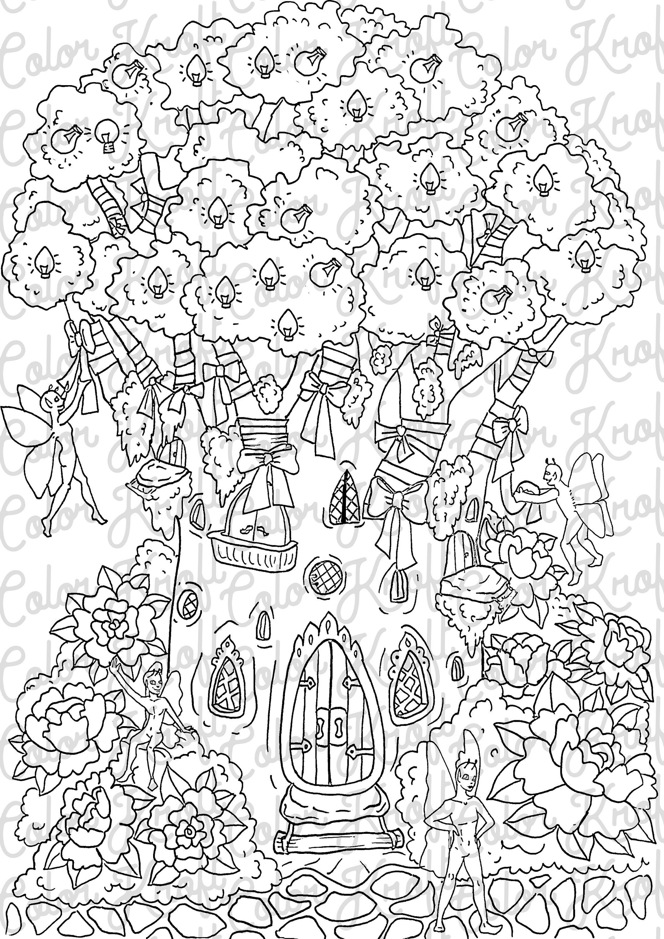 Fairy garden coloring page fairy tree decorating printable coloring digital download coloring page