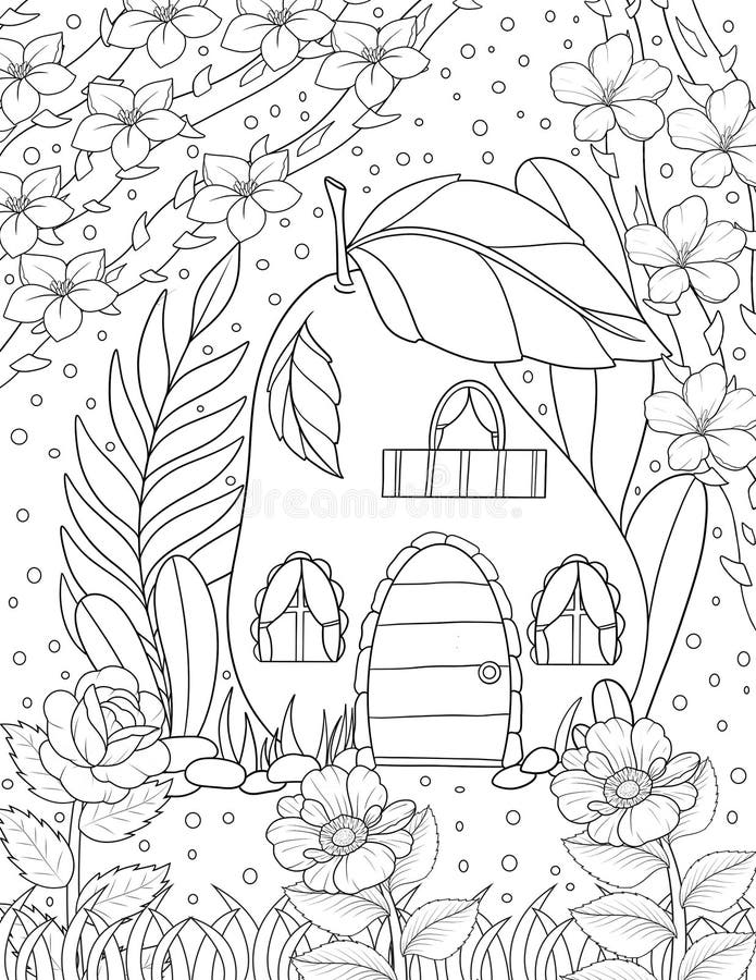 Fairy house coloring page for adult stock illustration