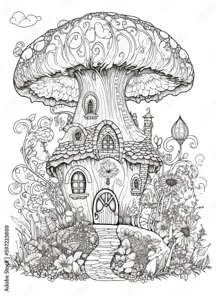 Fairy tale magic house vector coloring book black and white for adults isolated line art on white background vector