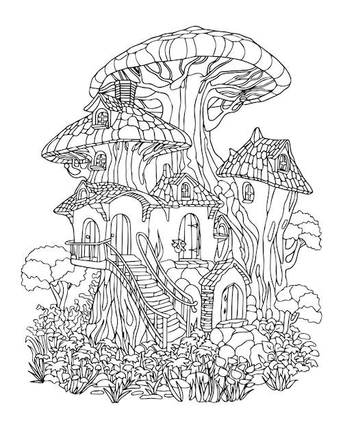 Premium vector fairy tale forest house in mushroom coloring page