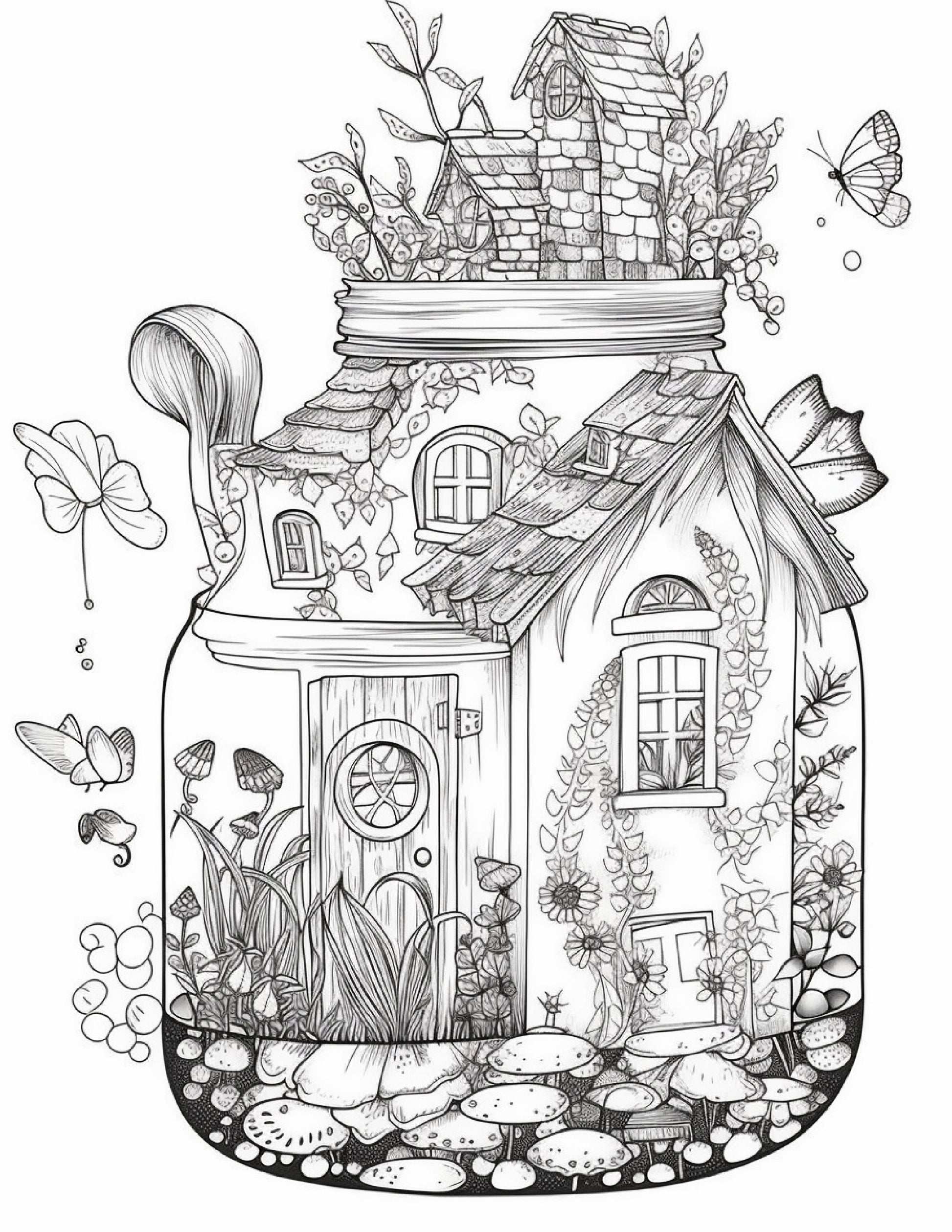 Printable fairy houses in jar coloring pages for adults grayscale â coloring