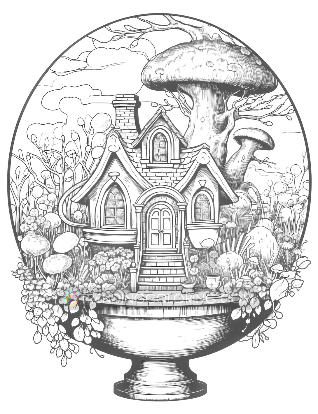 Fairy house in magic ball grayscale coloring pages