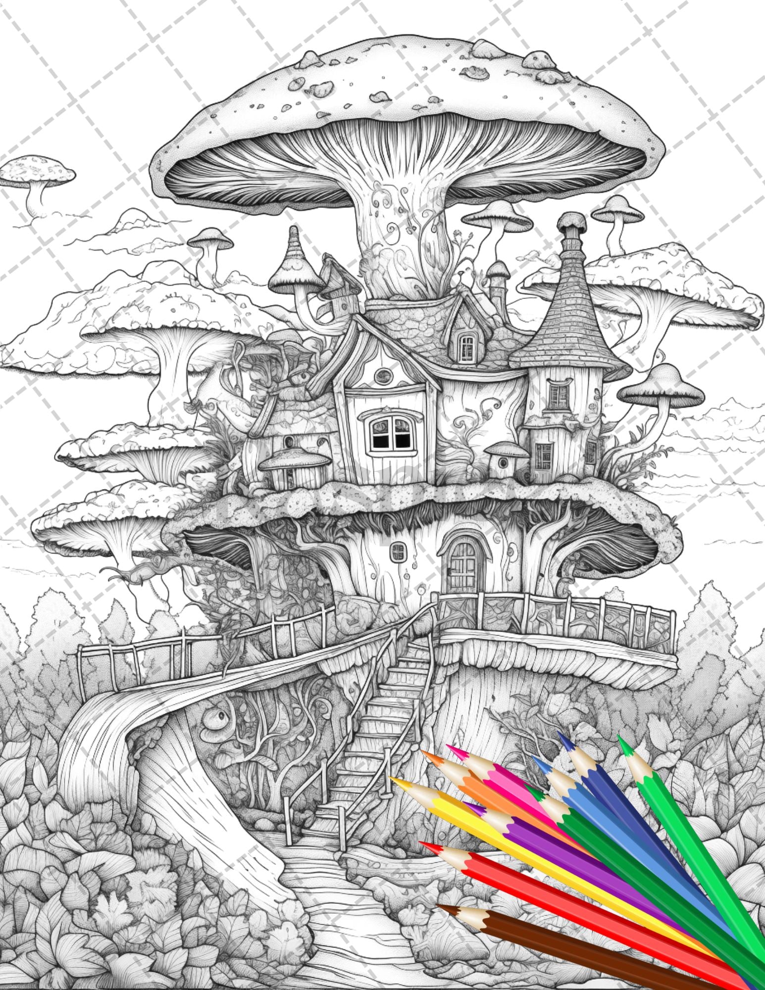 Fantasy fairy houses coloring page book printable adult coloring p â coloring